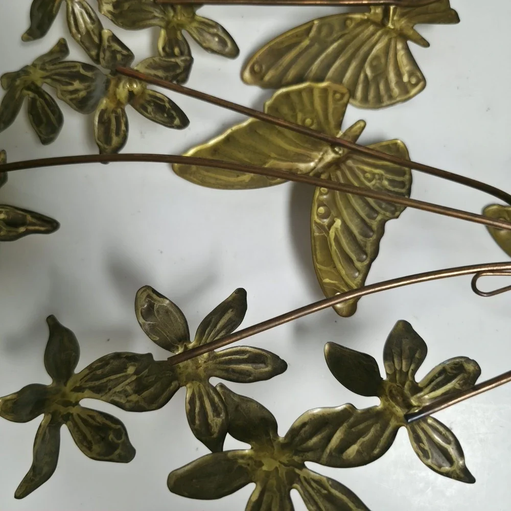 Vtg Homco Brass Metal Wall Art Set MCM Gold Flowers Butterflies 22